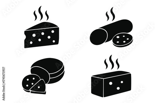 Smoked cheese and sausage vector icon set. Black food symbols. Dairy and meat products. Swiss cheese, salami, cheddar block, provolone wheel. For grocery, deli, menu.