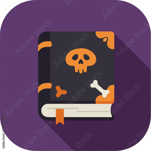 Vintage book with orange skull and crossbones emblem on black cover against dark purple background