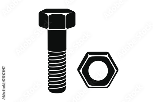 Structural bolt and hex nut icon. Build and repair symbol. Hardware fastener for construction and engineering. Industrial maintenance equipment. Metal screw isolated vector.
