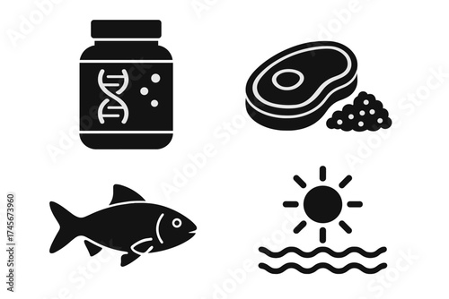 Protein sources glyph icon set. Meat steak, fish, nutrition supplement with DNA, sun for vitamin D. Vector symbols for health, diet, food, lifestyle. Flat pictogram collection.