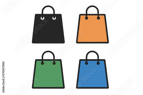 Shopping bag icon set. Vector illustration of colorful retail paper bags. Symbol for e-commerce, sale, purchase, order, and gift. Flat graphic element for store, boutique, app.