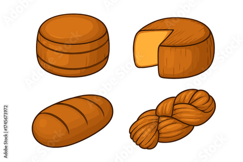 Smoked cheese collection. Cartoon vector icon set of various gourmet dairy food. Provolone, scamorza, oscypek. Stock illustration for web, menu, delicatessen design.