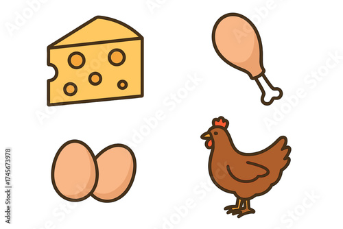Farm food icon set with chicken, eggs, cheese, and poultry meat. Vector illustration collection for agriculture, grocery, and protein concepts. Flat cartoon design.