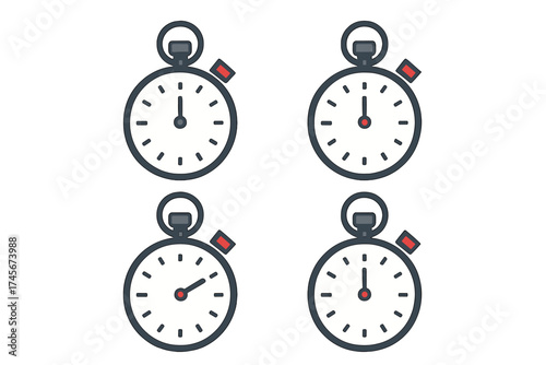 Stopwatch timer vector icon set. Flat design chronometer for measuring time. Deadline, speed, countdown, and accuracy concept. Sport race and business project management tool.