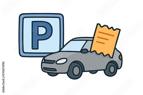 Car parking ticket fine for traffic violation illustration. Automobile in a paid parking lot zone with receipt. Auto transport and road sign icon concept. Vector graphic.