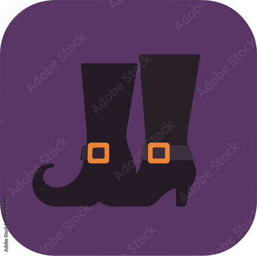 Pair of black witch's boots with orange buckles on purple background