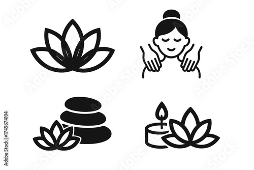 Spa massage wellness vector icon set. Lotus flower, hot stone therapy, aromatherapy candle, relaxation treatment pictogram. Zen, beauty, harmony, body care, meditation symbols.