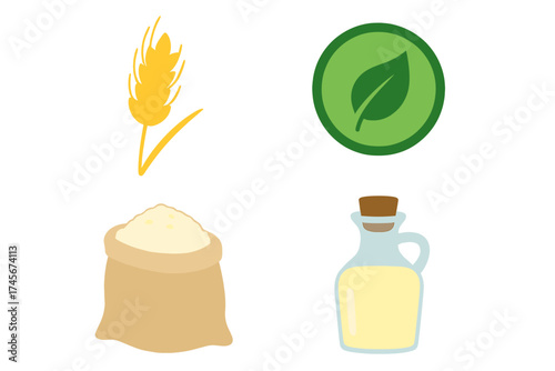 Vector icon set of wheat, flour, oil. Agriculture, farming concept. Ear of wheat, sack of flour, bottle of oil, eco leaf sign. For organic food, bakery, cooking, natural product.