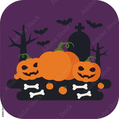 Halloween graveyard scene with glowing jack-o'-lanterns and tombstone