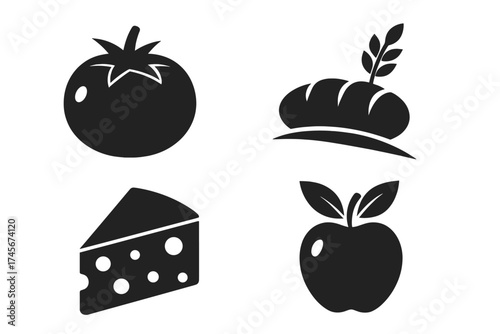 Natural food icons set. Black vector silhouettes of tomato, apple, cheese, bread for logo design. Concept for grocery, farm market, healthy diet, nutrition, organic food.
