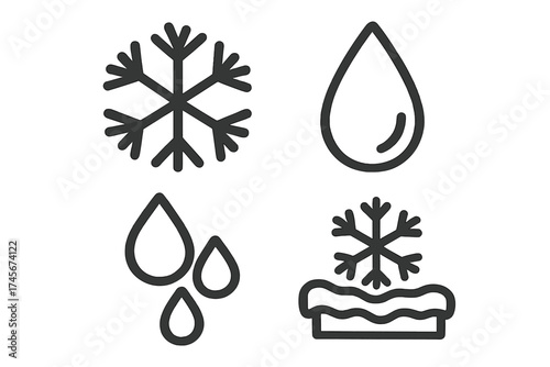 Weather icon set with snowflake and water drop. Vector line art collection of frost, cold, rain, and liquid symbols. Minimalist outline design for winter and wet concepts.