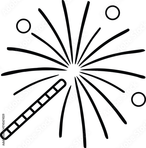 Vector illustration of a black and white fireworks display with a wand, perfect for celebrations, events, and adding festive flair to your designs
