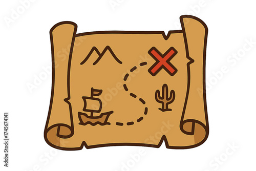 Treasure map icon cartoon vector. Pirate adventure quest. Old scroll paper parchment. X marks the spot. Navigation route for hunting gold. Wild west western desert journey.