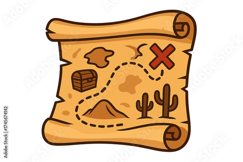 Treasure map icon cartoon. Western wild west vector illustration. Pirate adventure scroll with x marks the spot. Quest for hidden chest in desert with cactus. Old parchment route.