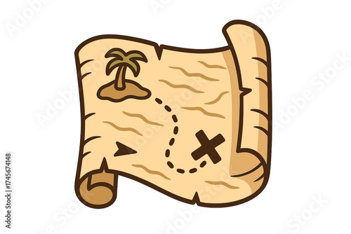 Treasure map vector icon. Cartoon pirate adventure quest concept. Ancient parchment scroll shows journey to hidden island. X marks the spot for discovery, goal, and finding loot.