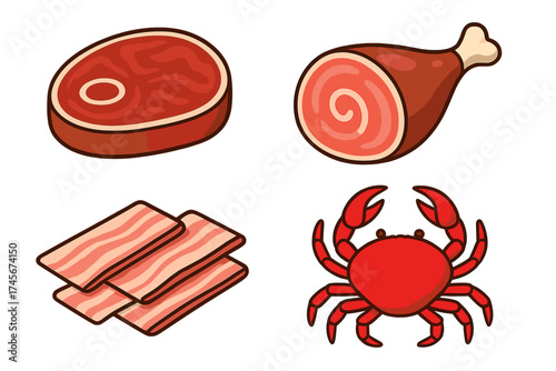Meat and seafood icon set. Vector illustration of raw steak, pork ham, bacon slices, and red crab. Food collection for butchery, delicatessen, or restaurant logo design.