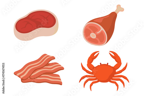 Meat and seafood icon set. Vector collection of food illustrations including beef steak, pork ham, bacon, and red crab. Flat design elements for butcher shop or restaurant menu.