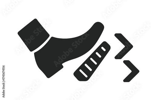 Foot pressing car gas pedal to accelerate. Concept of speed, driving, and moving forward. Driver pushing accelerator for power and progress. Vector icon for auto and transport.