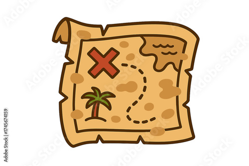 Treasure map icon cartoon vector. Pirate adventure, old paper scroll with hidden chest location. X marks the spot on a fantasy island. Quest, hunt, and discovery concept.