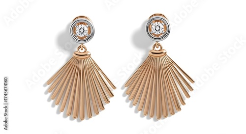 Elegant rose gold fan shaped dangle earrings with intricate detailing isolated on white background