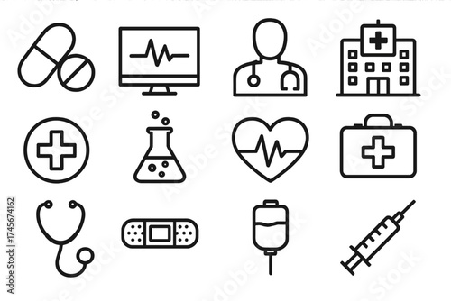 Medical and healthcare icon set. Vector line symbols for hospital, clinic, doctor, and pharmacy. Includes cardiology, pills, syringe, and first aid kit for web and mobile design.