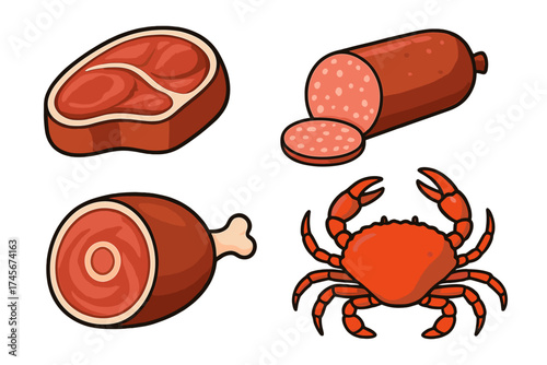 Vector set of cartoon food icons. Fresh meat and seafood collection with beef steak, pork ham, salami sausage and ocean crab. Isolated illustration for butcher shop menu.