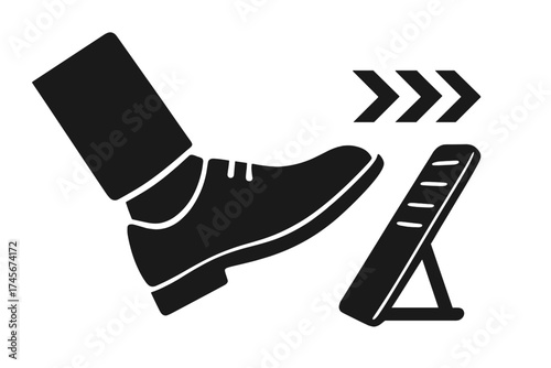 Foot pressing car gas pedal. Accelerator icon for speed and power. Drive forward concept. Metaphor for progress, start, and ambition. Vector silhouette illustration isolated.