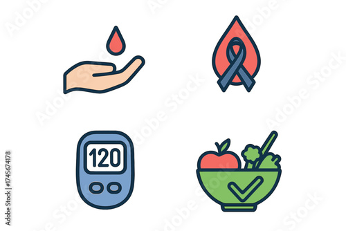 Diabetes mellitus vector icon set. Blood sugar test, glucose meter, awareness ribbon, healthy food for diet control. Medical health care concept for glycemic control illustration.
