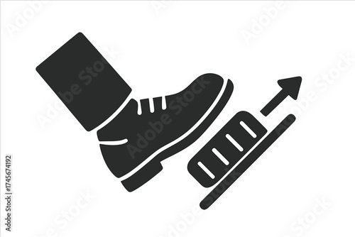 Foot pushing car gas pedal icon. Accelerate and drive concept. Vector illustration for speed, power, and momentum. Driver pressing accelerator. Start, go, forward, progress.