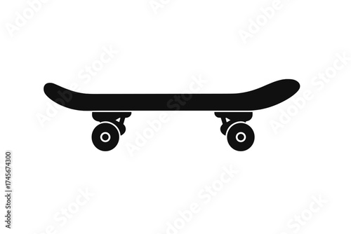 Skateboard vector icon. Simple black silhouette skate board graphic. Isolated symbol for extreme sport, urban street culture, youth lifestyle, and recreational activity design.