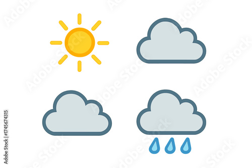 Weather forecast icon set. Sunny, cloudy, and rainy day symbols. Simple flat vector illustration collection for web design, mobile app interface, and climate infographic elements.