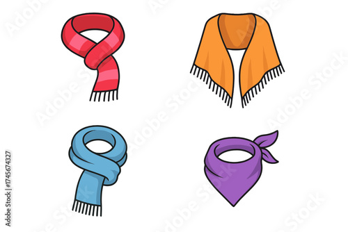 Colorful scarf, shawl, pashmina, bandana vector icon set. Winter and autumn fashion neckwear accessory collection. Cartoon flat design graphic illustration isolated.