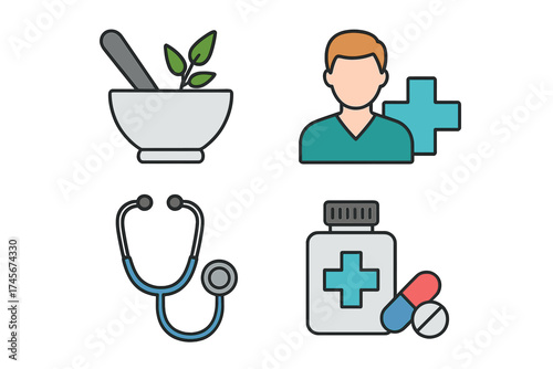Vector icon set of medicine and clinic logos. Medical stock symbols for web. Healthcare illustration with doctor, stethoscope, pharmacy, mortar, pestle, herbs, pills, bottle.
