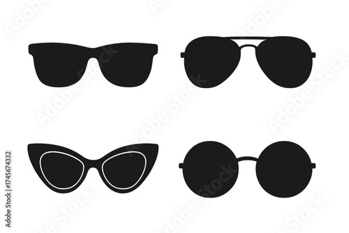 Sunglasses vector icon set collection. Black silhouette of fashion glasses. Different types of summer eyewear: aviator, cat eye, wayfarer and round retro vintage style.