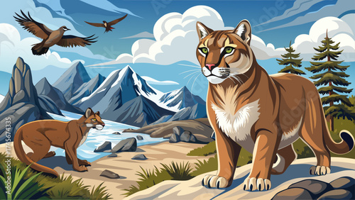 Beautiful Wild big cat Cougar, Puma concolor, dangerous animal with stone. Three Bird hawk atack mountain Lion. Wildlife scene from nature. Puma, nature winter habitat with snow, Torres del Paine, Chi