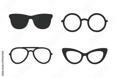 Set of sunglasses vector icons. Fashion accessory illustration. Different types of glasses frames: aviator, cat eye, wayfarer, round. Eyewear silhouettes collection.