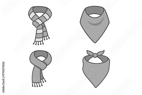 Scarf and bandana vector icon set. Collection of winter scarves and neckerchief fashion accessories. Grayscale outline illustration for clothing design. Isolated line art symbol.
