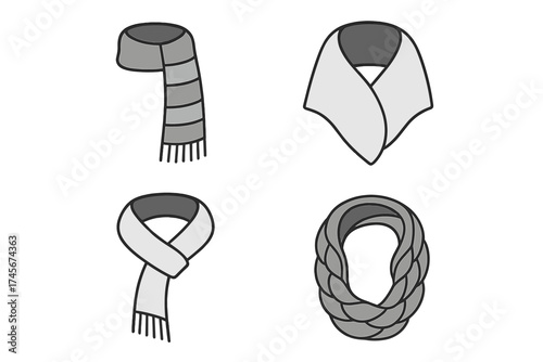 Scarf and shawl vector icon set. Collection of winter and autumn fashion accessories. Knit, infinity, and classic neckwear. Outline clothing design elements for stock illustration.