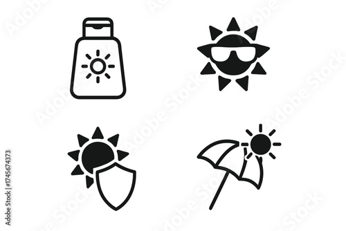 Sunscreen icon set for UV protection. Sunblock vector collection. Sun with sunglasses, shield icon, and beach umbrella. Summer skincare, dermatology, and sun safety concept.