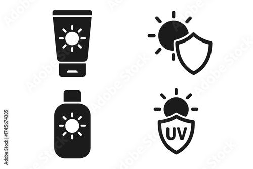 Sunscreen icon set vector. Sunblock cream tube and bottle. UV protection shield symbol. Solar radiation defense glyph. Summer skincare cosmetic product pictogram collection.