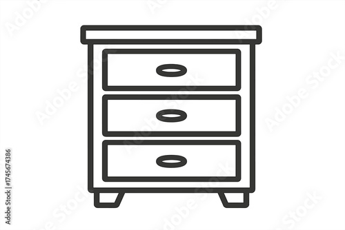Wooden cabinet with drawers icon in monochrome line art style. Furniture and home interior symbol. Stock vector illustration of a chest of drawers, dresser or nightstand.