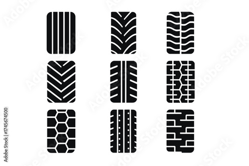 Tire track collection. Car, truck, bicycle and motorcycle wheel tread marks. Set of black tyre prints silhouette. Vector illustration of different transport track imprints.