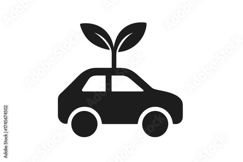 Green car with leaf icon. Eco friendly transport concept. Symbol for sustainable, electric, hybrid vehicle. Ecology, nature conservation, clean energy, and biofuel power sign.
