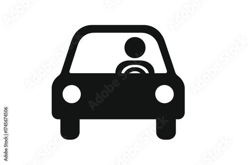 Car and driver icon. Simple black pictogram of a person driving a vehicle. Automobile front view symbol. Transportation, taxi or ride sharing service graphic element. Vector.