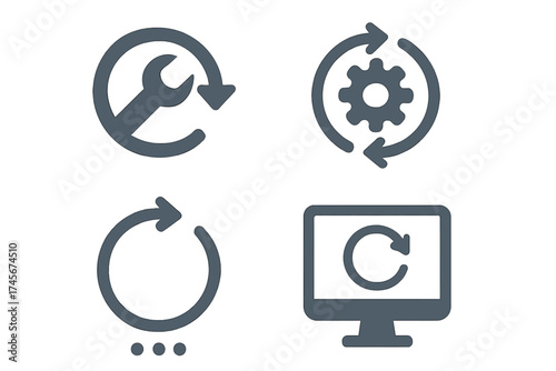 Technical update and reboot icon set. Vector symbols for system refresh, restart, software process, and maintenance. Computer loading and configuration gear and wrench signs.