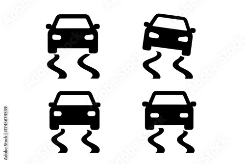 Car skid icon set. Slippery road warning sign. Vehicle safety symbol for ESP or ABS dashboard light. Auto drifting or losing traction on ice. Black vector illustration.