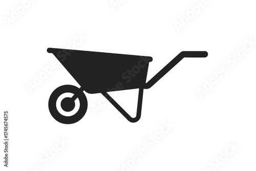 Wheelbarrow icon for gardening and construction. Vector silhouette of a garden cart for yard work. Manual labor and transport tool. Equipment for carrying soil and building.