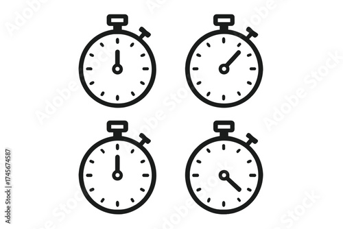 Stopwatch timer icon set. Chronometer line art for measuring time, speed, and deadlines. Vector illustration of a simple clock face for sports and business concepts.