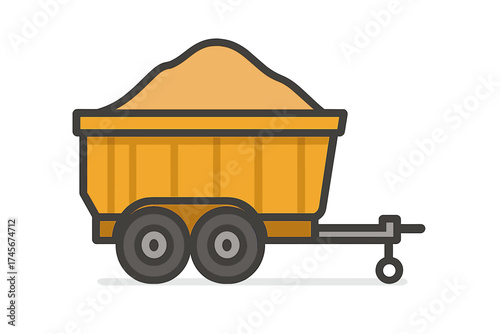 Trailer with sand vector icon. Construction dumper. Building industry equipment. Cart for soil, dirt, gravel. Heavy load transport. Landscaping wagon. Hauling machinery.