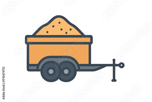 Trailer with sand vector icon. Hauling dirt, soil, gravel. Construction and landscaping equipment. Cargo transport. Utility cart. Bulk material delivery symbol. Isolated.